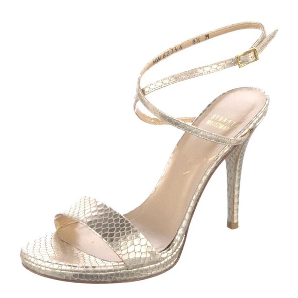 PRE-OWNED DESIGNER STUART WEITZMAN GOLD METALLIC LEATHER ANLE STRAP SANDALS 8.5 - Picture 1 of 14